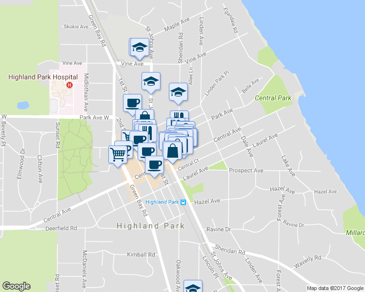 map of restaurants, bars, coffee shops, grocery stores, and more near 1935 Sheridan Road in Highland Park