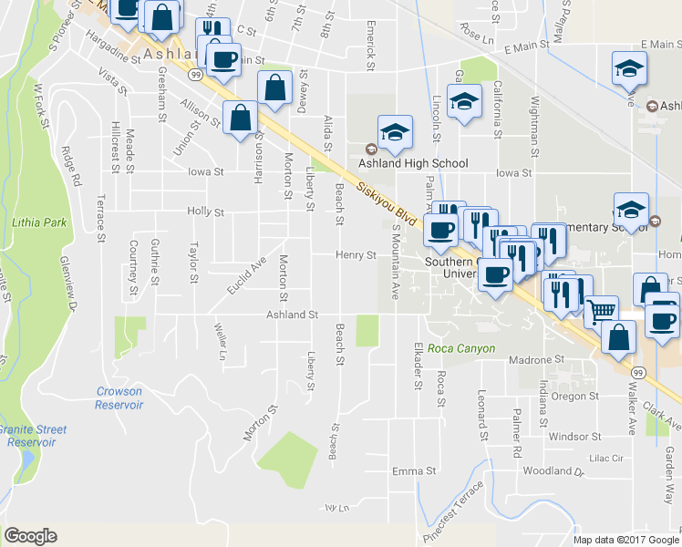 map of restaurants, bars, coffee shops, grocery stores, and more near 434 Beach St in Ashland