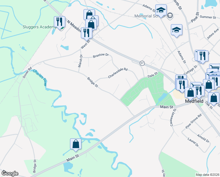 map of restaurants, bars, coffee shops, grocery stores, and more near 29 Bridge Street in Medfield