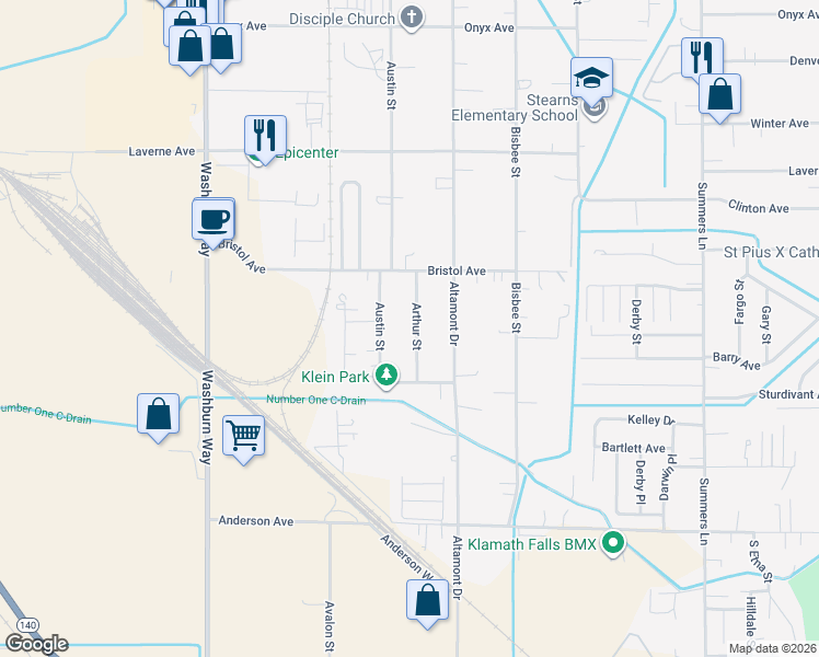 map of restaurants, bars, coffee shops, grocery stores, and more near 4330 Arthur Street in Klamath Falls