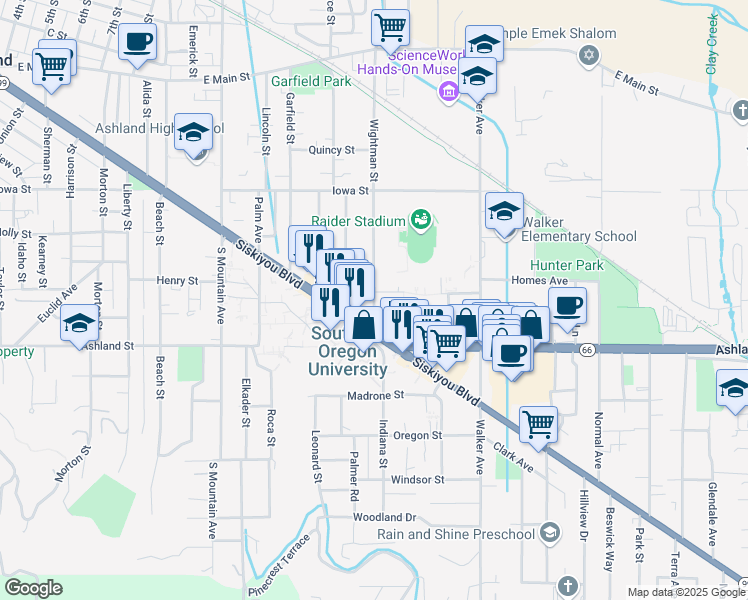 map of restaurants, bars, coffee shops, grocery stores, and more near 438 Wightman Street in Ashland