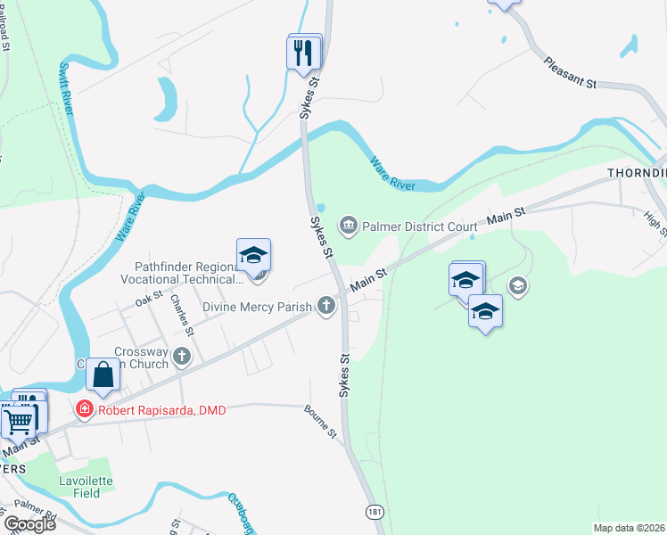 map of restaurants, bars, coffee shops, grocery stores, and more near 240 Sykes Street in Palmer