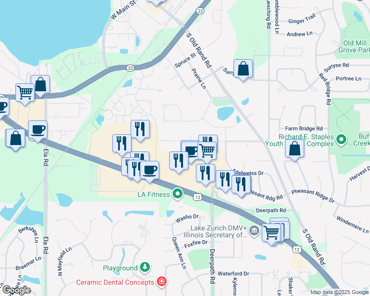 map of restaurants, bars, coffee shops, grocery stores, and more near 362 West Grand Avenue in Lake Zurich