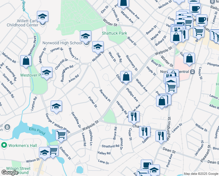 map of restaurants, bars, coffee shops, grocery stores, and more near 86 Saunders Road in Norwood