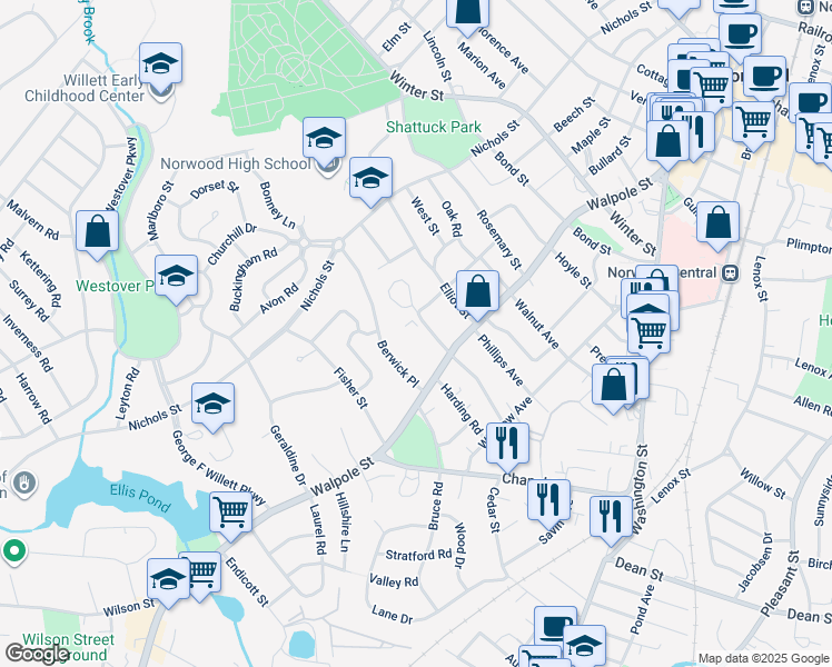 map of restaurants, bars, coffee shops, grocery stores, and more near 86 Saunders Road in Norwood
