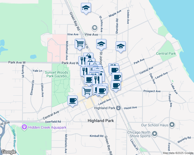 map of restaurants, bars, coffee shops, grocery stores, and more near 1942 1st Street in Highland Park