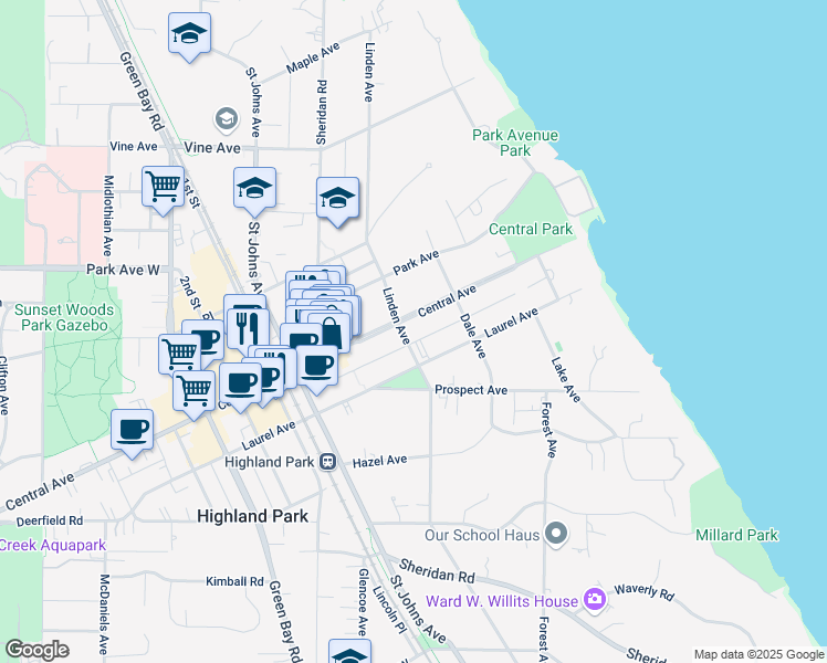 map of restaurants, bars, coffee shops, grocery stores, and more near 294 Central Avenue in Highland Park