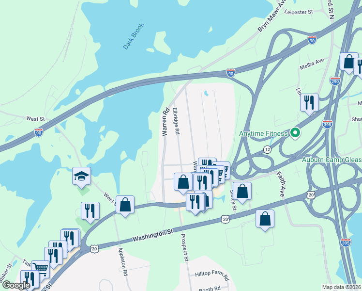 map of restaurants, bars, coffee shops, grocery stores, and more near 22 Elbridge Road in Auburn