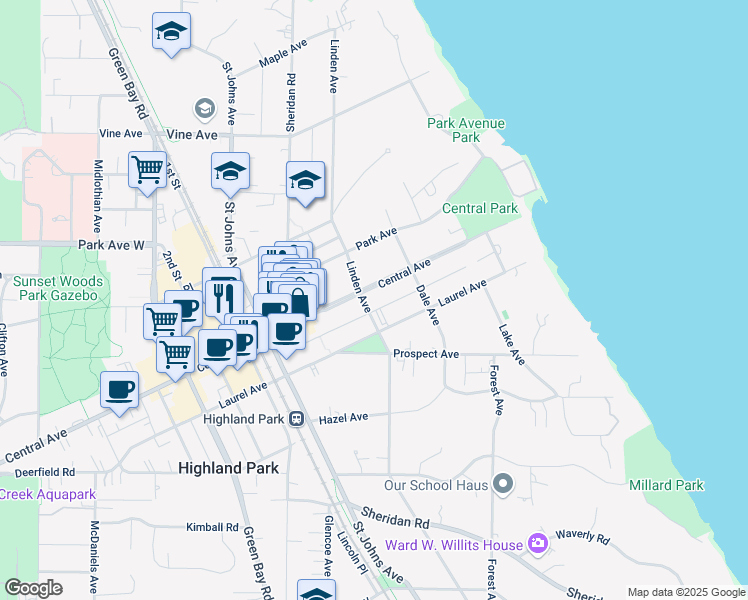 map of restaurants, bars, coffee shops, grocery stores, and more near 326 Central Avenue in Highland Park