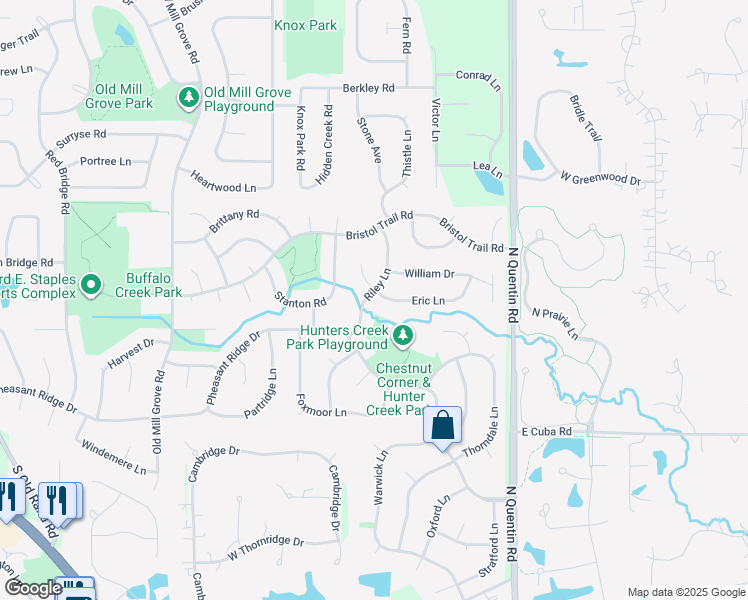 map of restaurants, bars, coffee shops, grocery stores, and more near 1205 Eric Lane in Lake Zurich