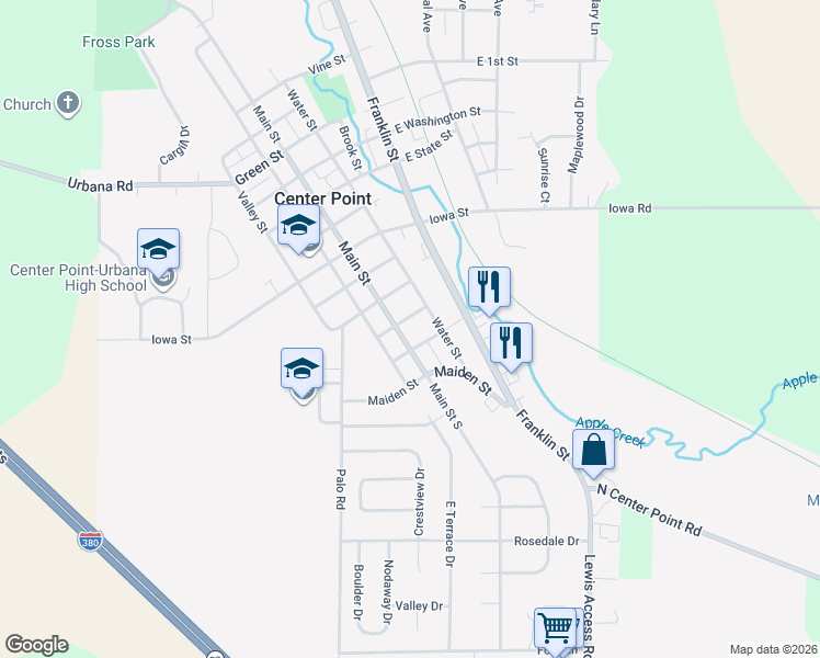 map of restaurants, bars, coffee shops, grocery stores, and more near 302 Main Street in Center Point