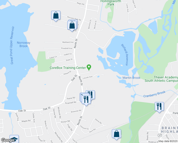 map of restaurants, bars, coffee shops, grocery stores, and more near 11 Randolph Road in Randolph