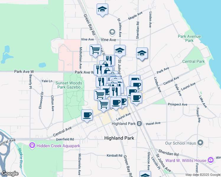 map of restaurants, bars, coffee shops, grocery stores, and more near 1942 1st Street in Highland Park