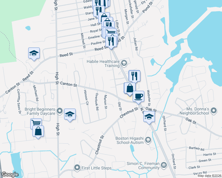 map of restaurants, bars, coffee shops, grocery stores, and more near 2 White Lane in Randolph