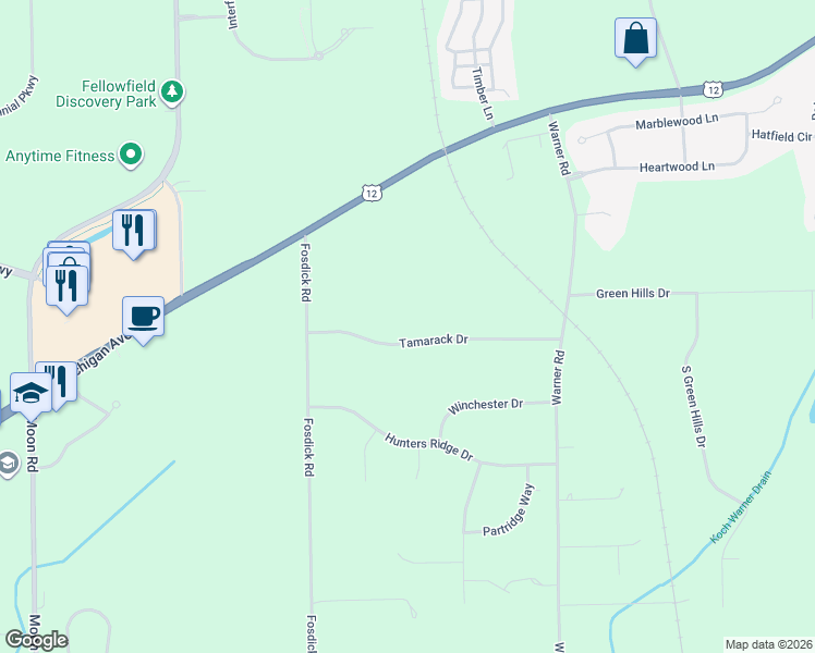 map of restaurants, bars, coffee shops, grocery stores, and more near 408 Tamarack Drive in Saline