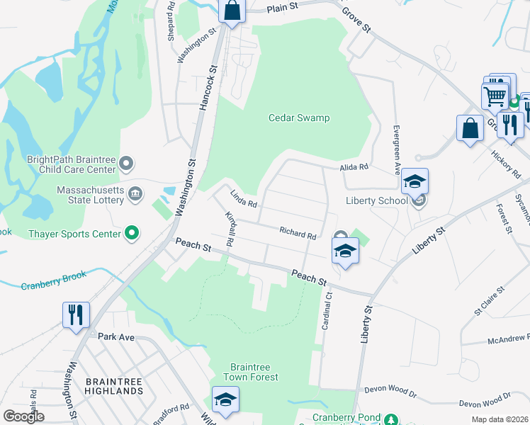 map of restaurants, bars, coffee shops, grocery stores, and more near 62 Linda Road in Braintree