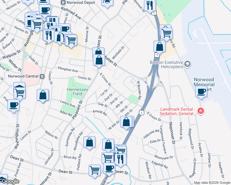 map of restaurants, bars, coffee shops, grocery stores, and more near 2 2nd Street in Norwood