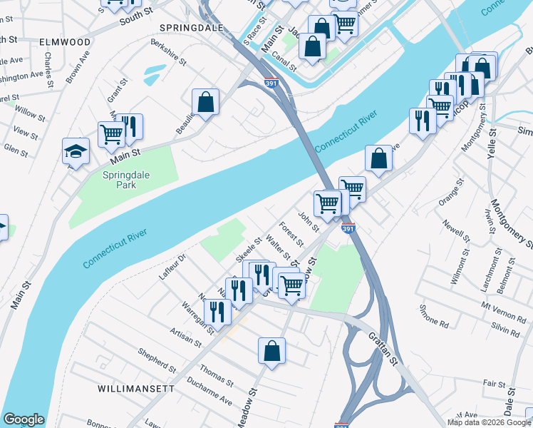 map of restaurants, bars, coffee shops, grocery stores, and more near 85 Forest Street in Chicopee