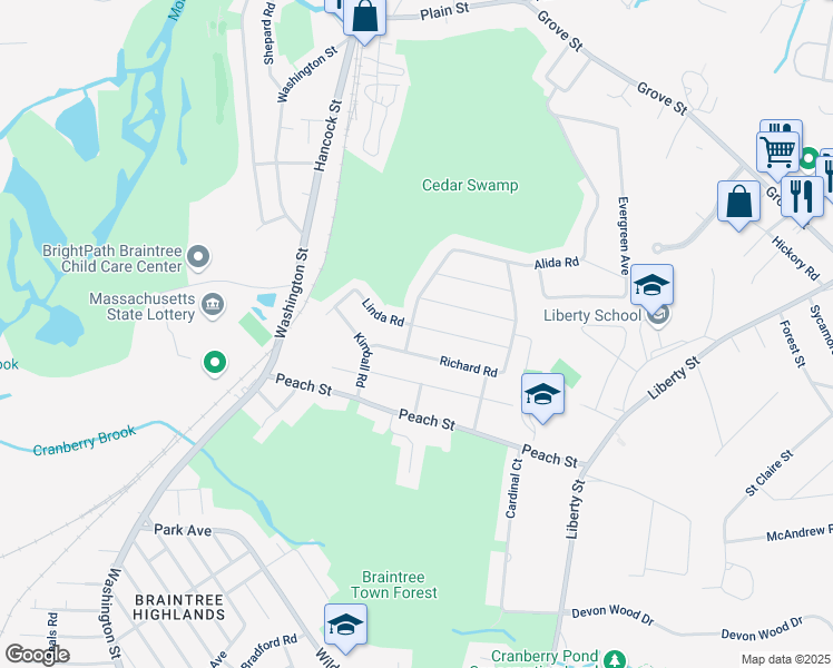 map of restaurants, bars, coffee shops, grocery stores, and more near 62 Linda Road in Braintree
