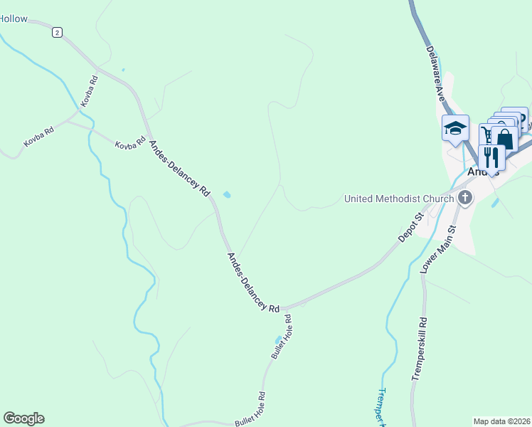 map of restaurants, bars, coffee shops, grocery stores, and more near 94 Overlook Drive in Andes