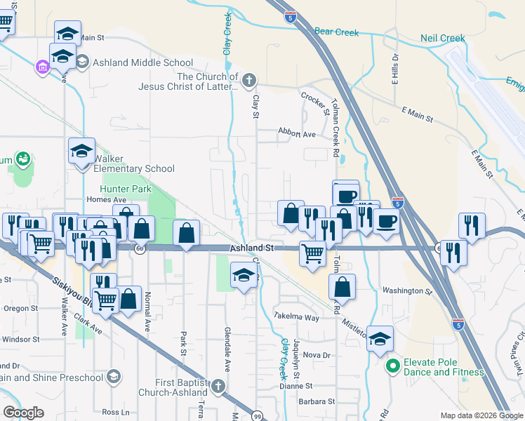 map of restaurants, bars, coffee shops, grocery stores, and more near 101 Villard Street in Ashland