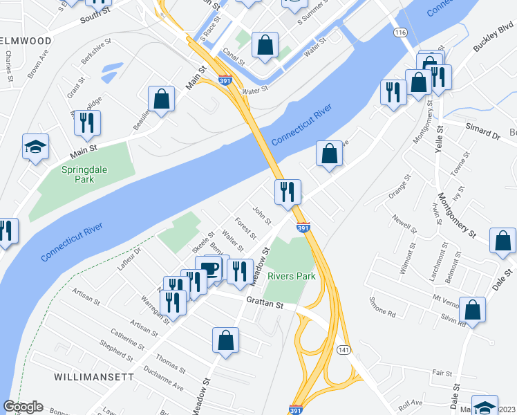 map of restaurants, bars, coffee shops, grocery stores, and more near 42 John Street in Chicopee