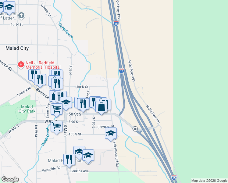 map of restaurants, bars, coffee shops, grocery stores, and more near 90 North 300 East in Malad City
