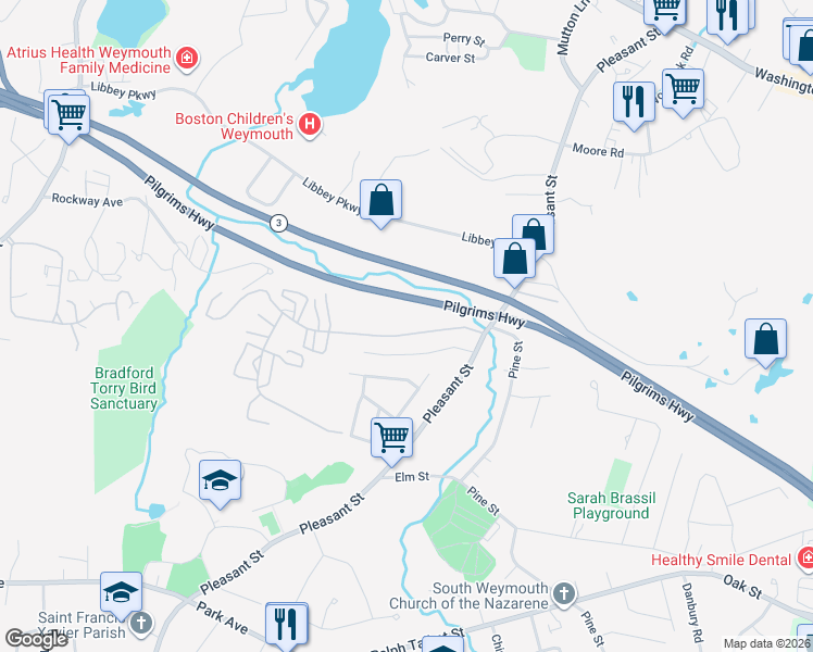 map of restaurants, bars, coffee shops, grocery stores, and more near 55 Tall Oaks Drive in Weymouth