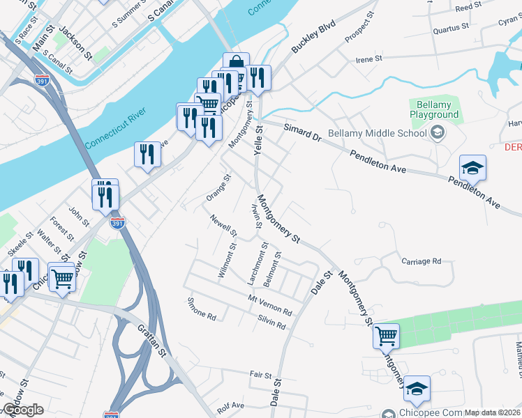 map of restaurants, bars, coffee shops, grocery stores, and more near 1120 Montgomery Street in Chicopee