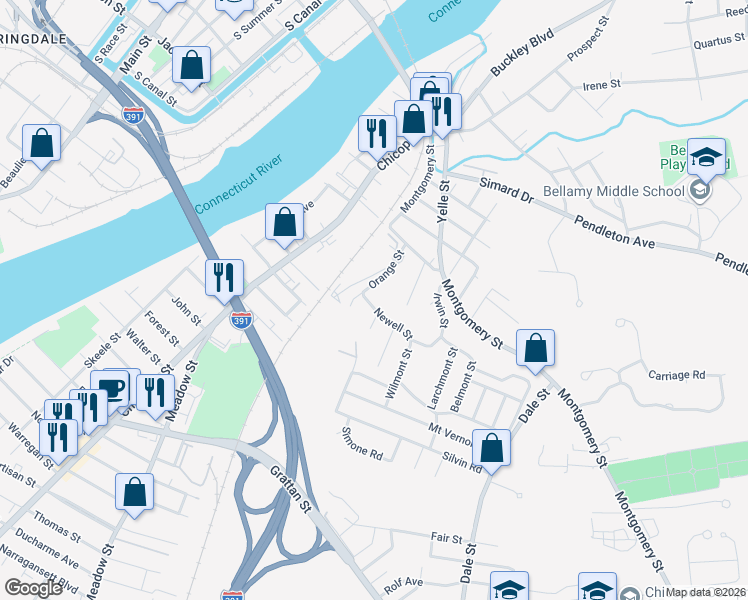 map of restaurants, bars, coffee shops, grocery stores, and more near 43 Orange Street in Chicopee