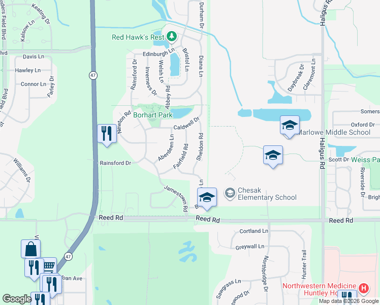 map of restaurants, bars, coffee shops, grocery stores, and more near 9774 Fairfield Road in Huntley