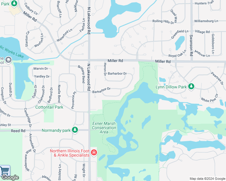 map of restaurants, bars, coffee shops, grocery stores, and more near 4600 Barharbor Drive in Lake in the Hills