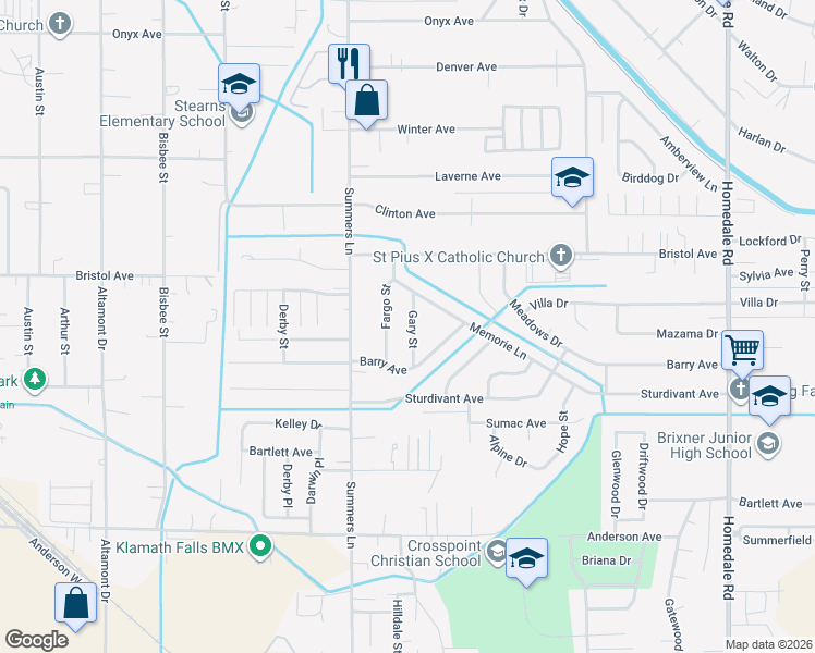 map of restaurants, bars, coffee shops, grocery stores, and more near 4242 Gary Street in Klamath Falls