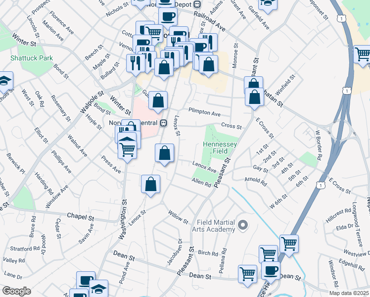 map of restaurants, bars, coffee shops, grocery stores, and more near 28 Shaw Street in Norwood