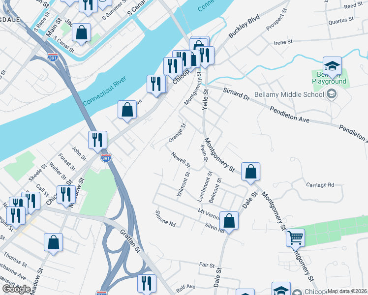 map of restaurants, bars, coffee shops, grocery stores, and more near 43 Orange Street in Chicopee