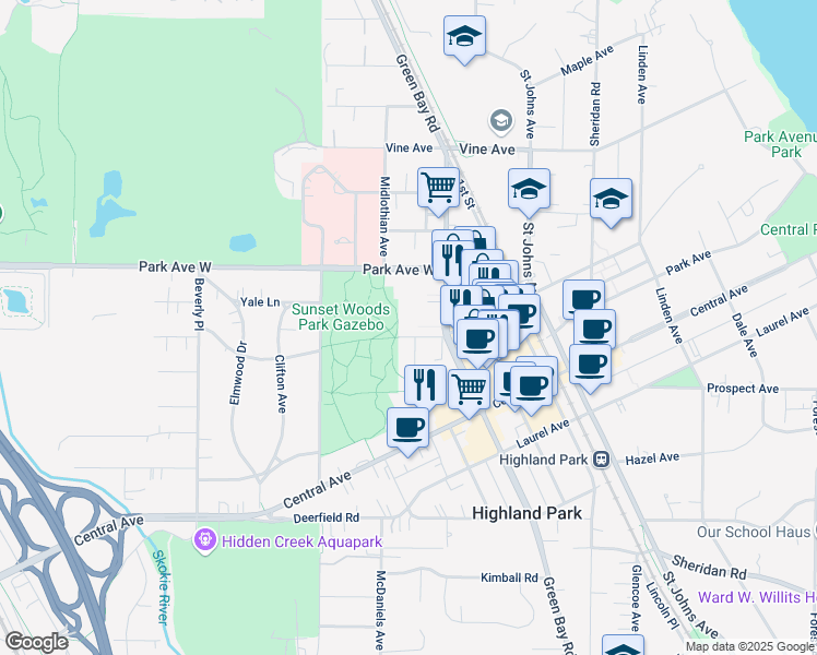 map of restaurants, bars, coffee shops, grocery stores, and more near 1954 Green Bay Road in Highland Park