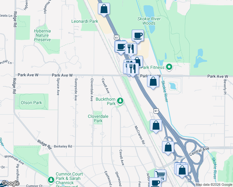 map of restaurants, bars, coffee shops, grocery stores, and more near 1918 McCraren Road in Highland Park