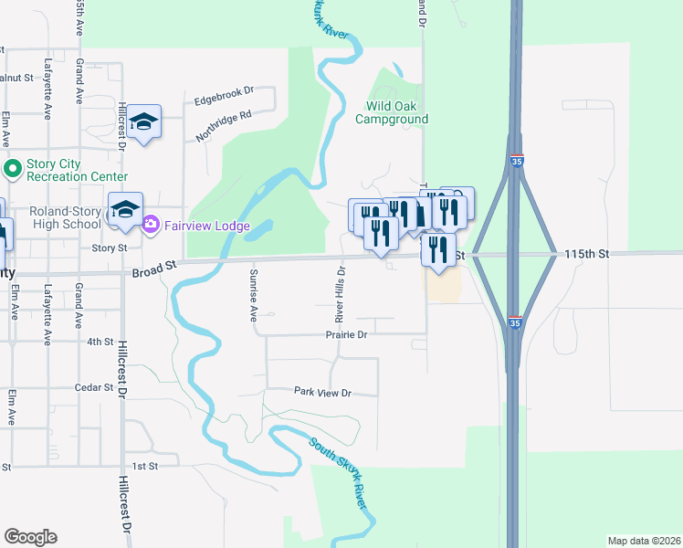 map of restaurants, bars, coffee shops, grocery stores, and more near 524 River Hills Drive in Story City