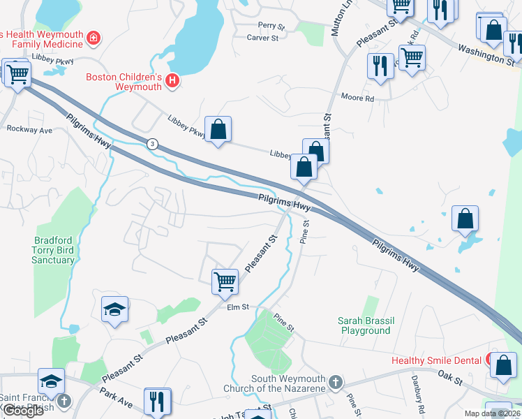 map of restaurants, bars, coffee shops, grocery stores, and more near 55 Tall Oaks Drive in Weymouth