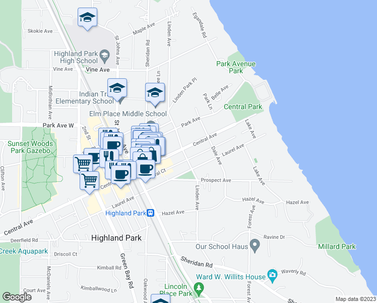 map of restaurants, bars, coffee shops, grocery stores, and more near 326 Central Avenue in Highland Park