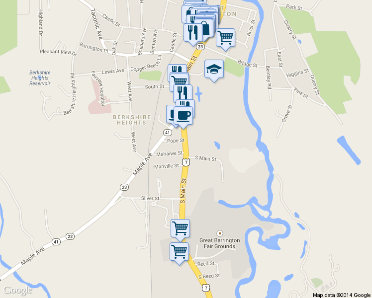 map of restaurants, bars, coffee shops, grocery stores, and more near 533 South Main Street in Great Barrington