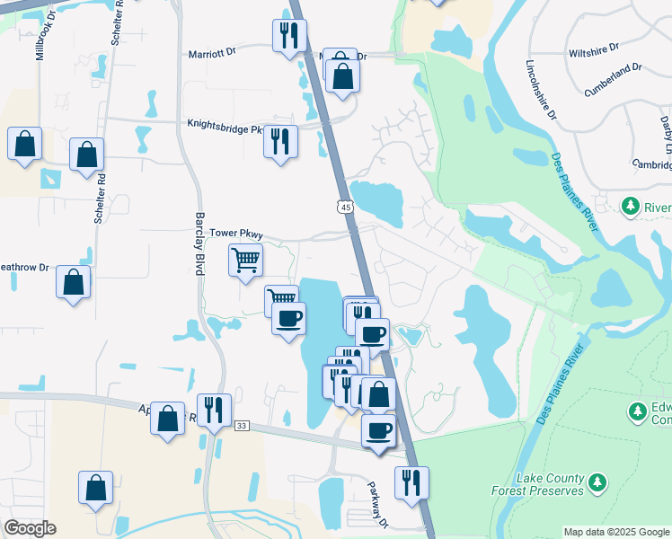 map of restaurants, bars, coffee shops, grocery stores, and more near 300 Tower Parkway in Lincolnshire
