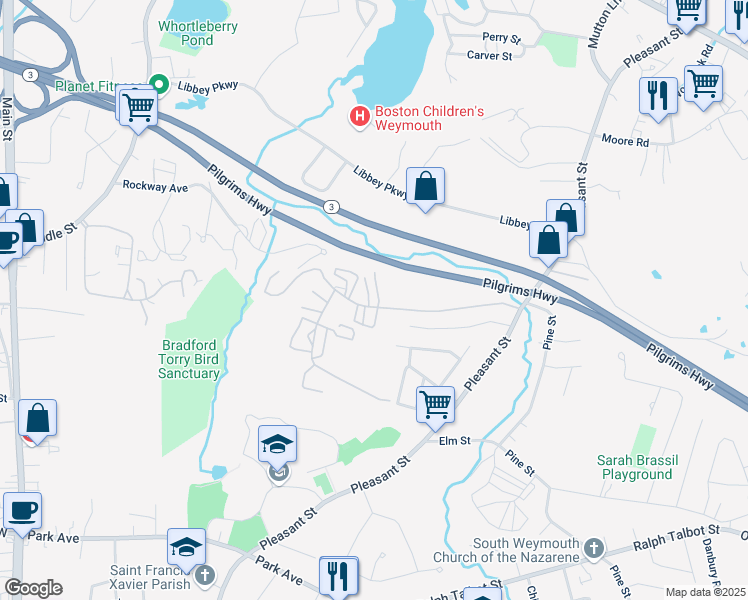 map of restaurants, bars, coffee shops, grocery stores, and more near 121 Tall Oaks Drive in Weymouth