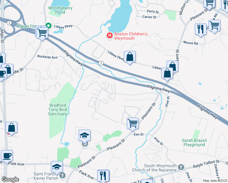 map of restaurants, bars, coffee shops, grocery stores, and more near 121 Tall Oaks Drive in Weymouth