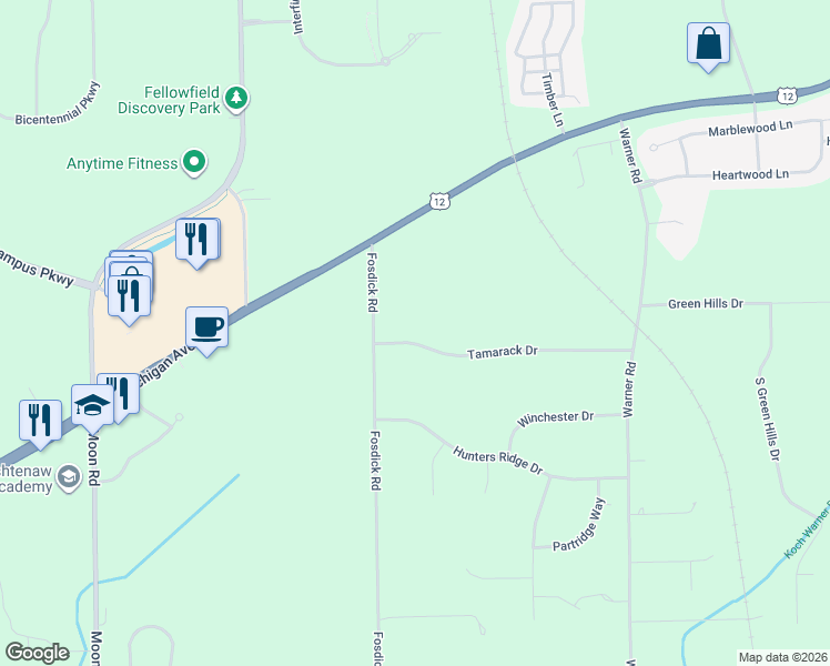 map of restaurants, bars, coffee shops, grocery stores, and more near 408 Tamarack Drive in Saline