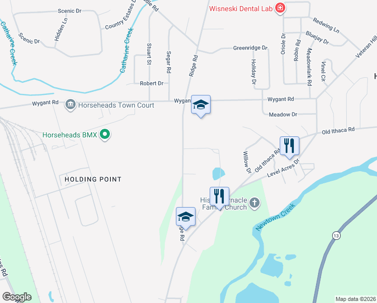map of restaurants, bars, coffee shops, grocery stores, and more near 88-90 Ridge Road in Horseheads