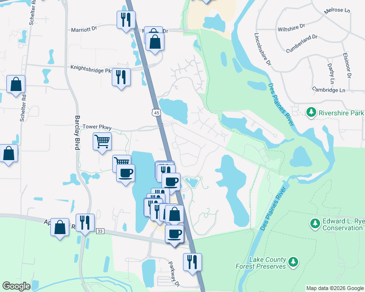 map of restaurants, bars, coffee shops, grocery stores, and more near 521 Bramley Place in Lincolnshire