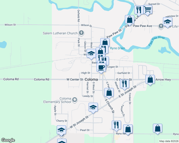 map of restaurants, bars, coffee shops, grocery stores, and more near 180 North West Street in Coloma