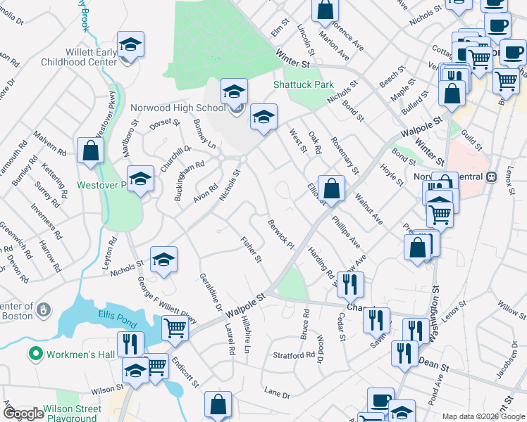 map of restaurants, bars, coffee shops, grocery stores, and more near 50 Longfellow Road in Norwood
