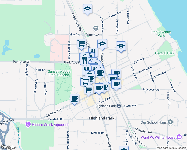 map of restaurants, bars, coffee shops, grocery stores, and more near 655 Elm Place in Highland Park